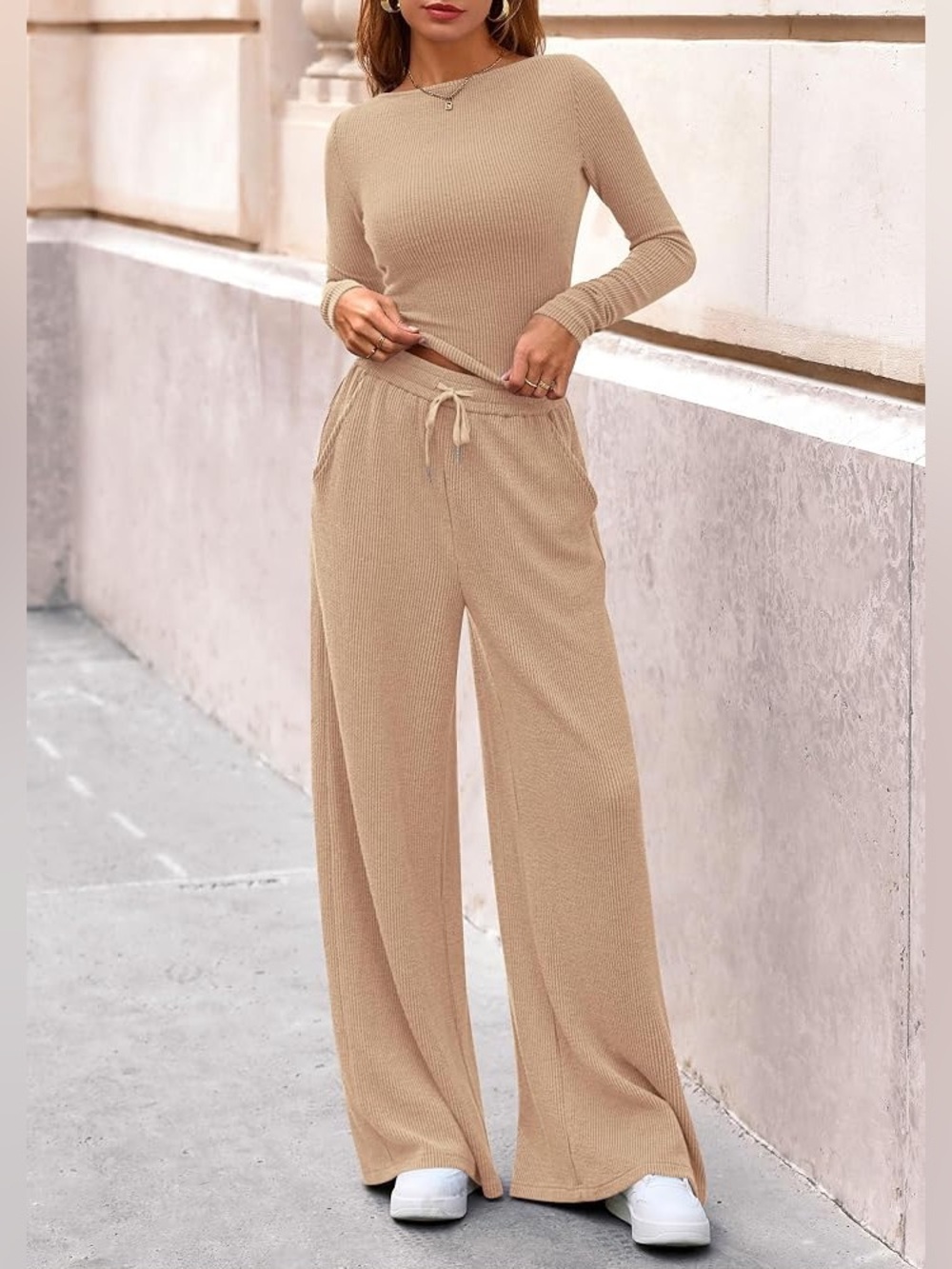 New PrettyGarden Soft Ribbed Knit Long Sleeve Crop Top & Wide Leg Pants Apricot